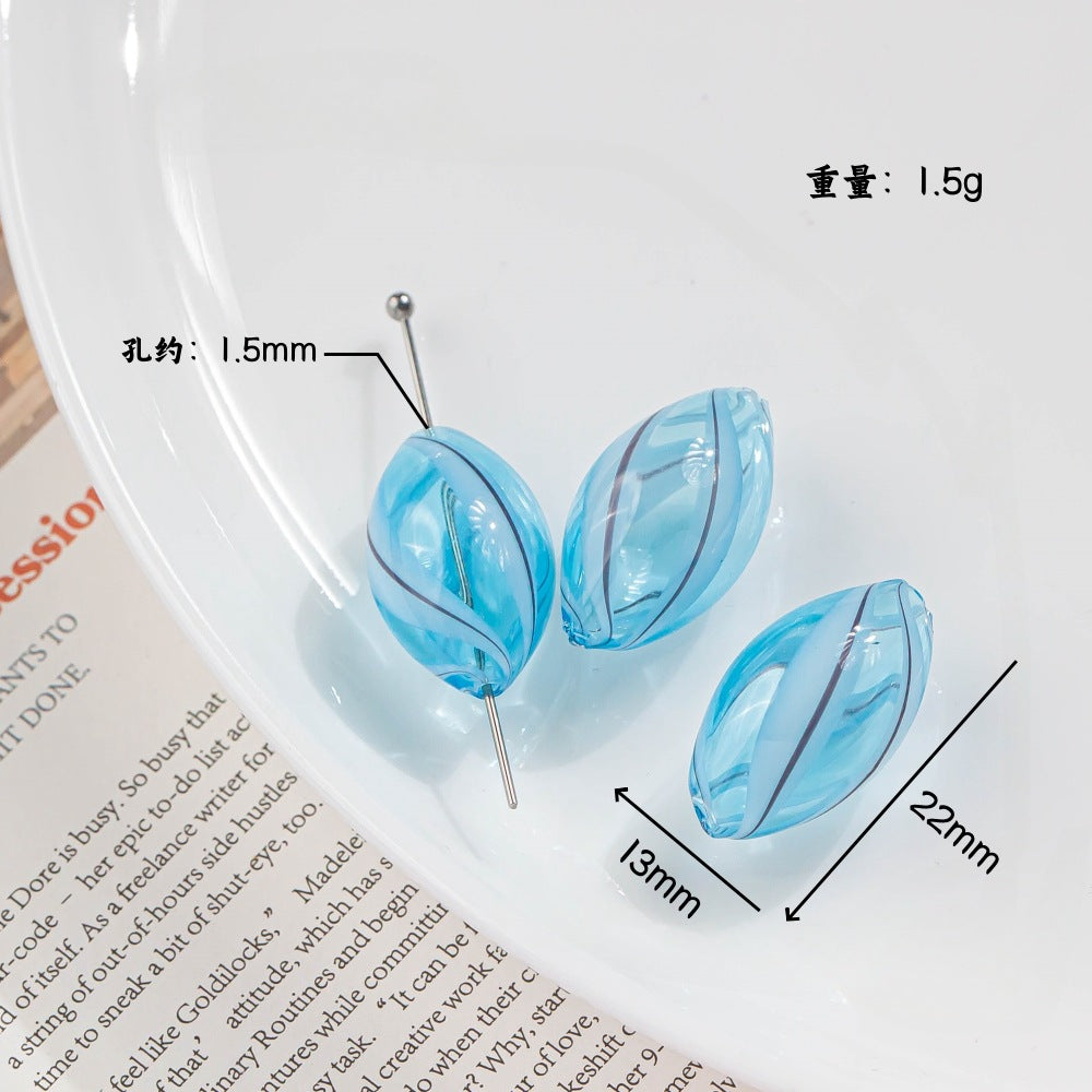 Vintage Pattern Olive Shaped Blown Glass Beads Handmade 4pcs 5