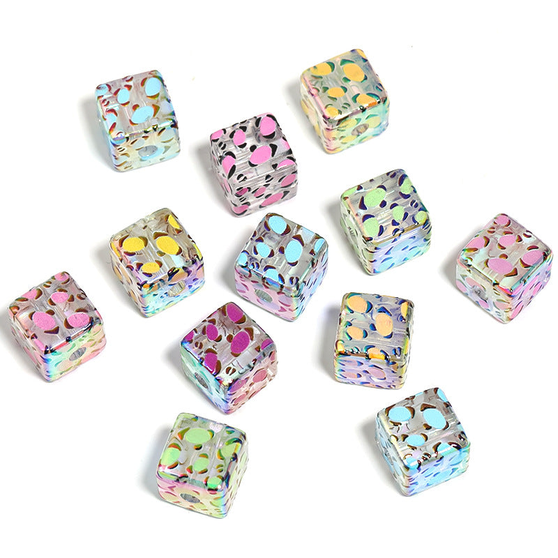 Square Acrylic Beads 14mm Grid and Fruit Pattern 50pcs 7