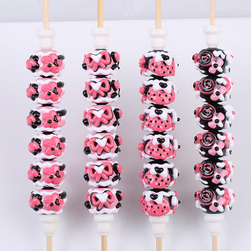 Hand Painted Acrylic Beads 16mm Black Pink Tone 10pcs