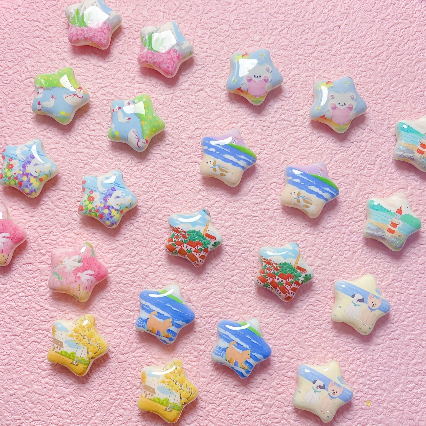 Star Shaped Acrylic Beads 25mm Fairy Tale Pattern Printed 10pcs