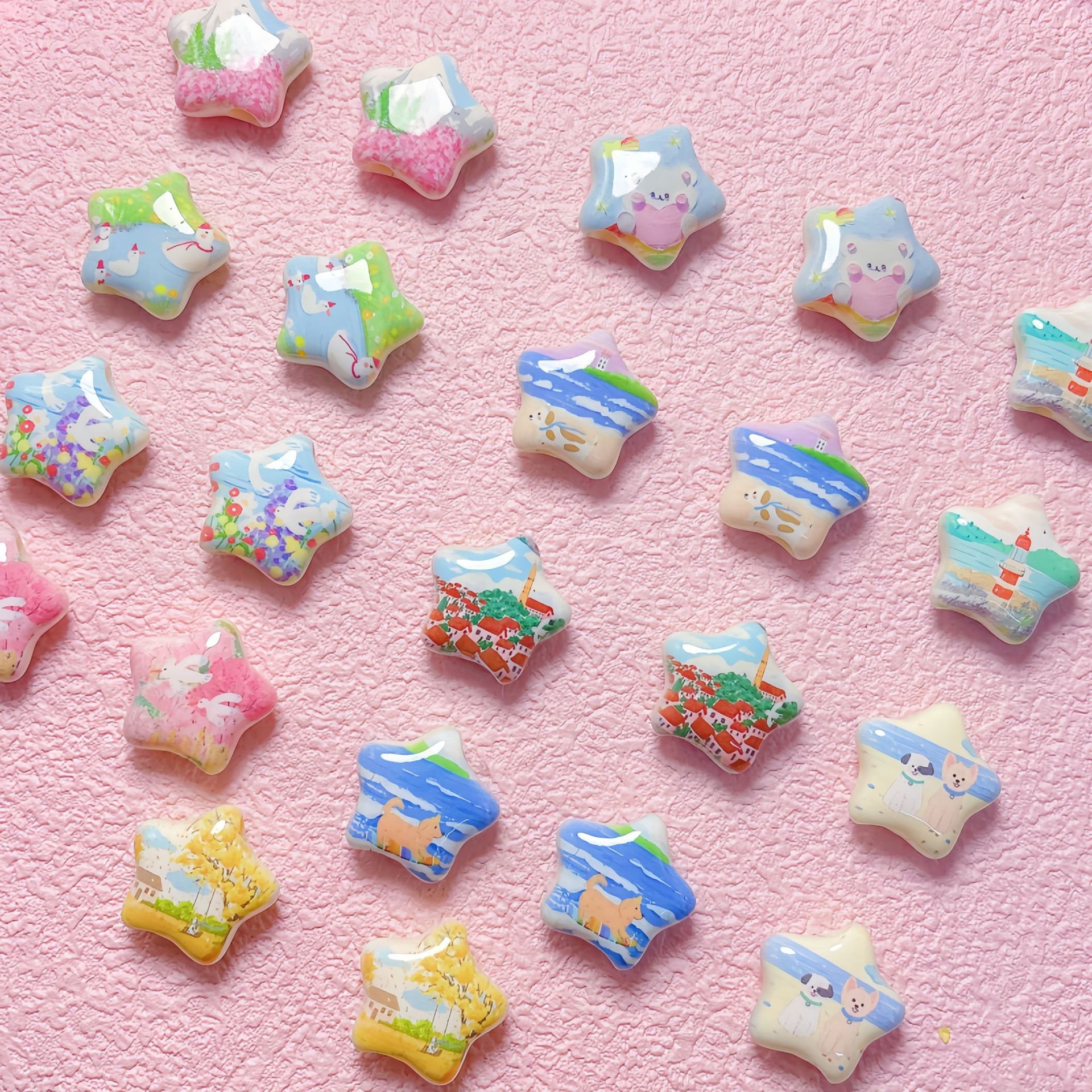 Star Shaped Acrylic Beads 25mm Fairy Tale Pattern Printed 10pcs
