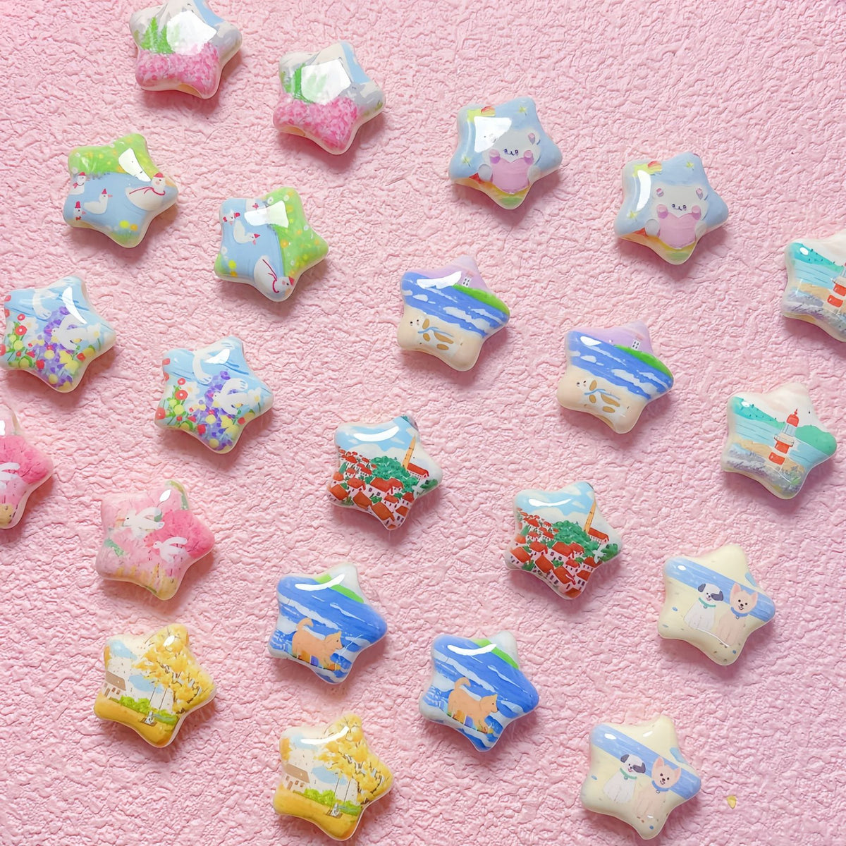 Star Shaped Acrylic Beads 25mm Fairy Tale Pattern Printed 10pcs