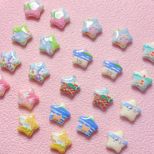 Star Shaped Acrylic Beads 25mm Fairy Tale Pattern Printed 10pcs