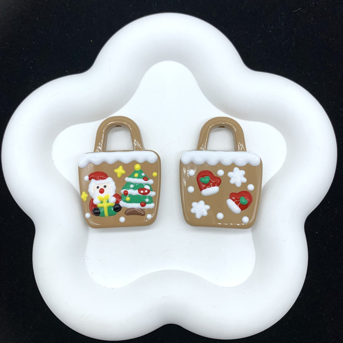 Hand Painted Christmas Bag Acrylic Beads 37x50mm Enamel Detail 2pcs 6
