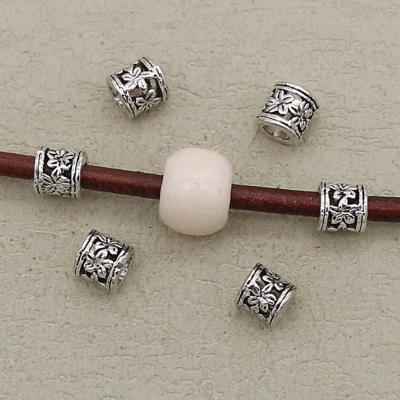 Flower Barrel Metal Beads 6mm Hollow Tibetan Silver Tone 2pcs