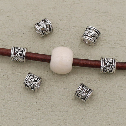 Flower Barrel Metal Beads 6mm Hollow Tibetan Silver Tone 2pcs