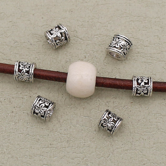 Flower Barrel Metal Beads 6mm Hollow Tibetan Silver Tone 2pcs