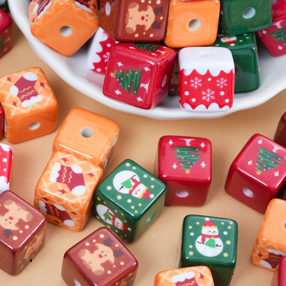 Baking Painted Christmas Square Acrylic Beads 15mm 10pcs