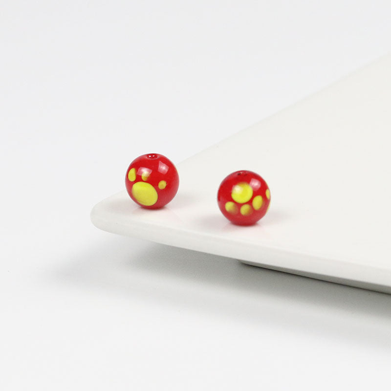 Lampwork Glass Beads Round 10mm Kitten Paws Pattern Glossy 50pcs 13
