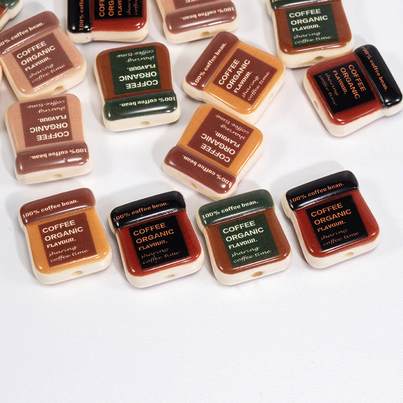 Square Acrylic Beads 19mm Coffee Bag Design 10pcs