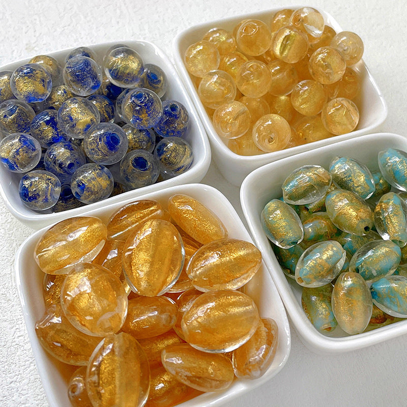 Lampwork Glass Beads Olive Shaped Vintage Gold Foil Filled 1pc 2