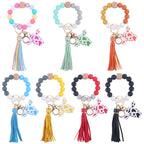 Western Cow Silicone Bead Wristlet Keychain with Faux Leather Tassel