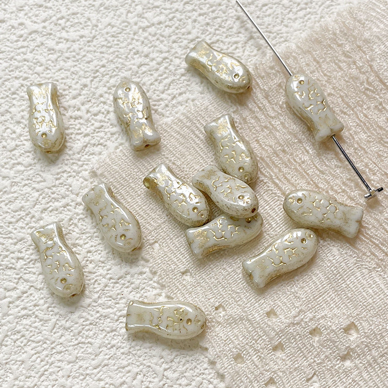 Vintage Gilded Fish Lampwork Glass Beads 7x15mm Pastel Metallic Speckled 10pcs 8