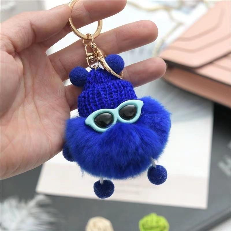 Fluffy Pom Pom Monster Doll Keychain with Sunglasses and Knitted Hat 13
