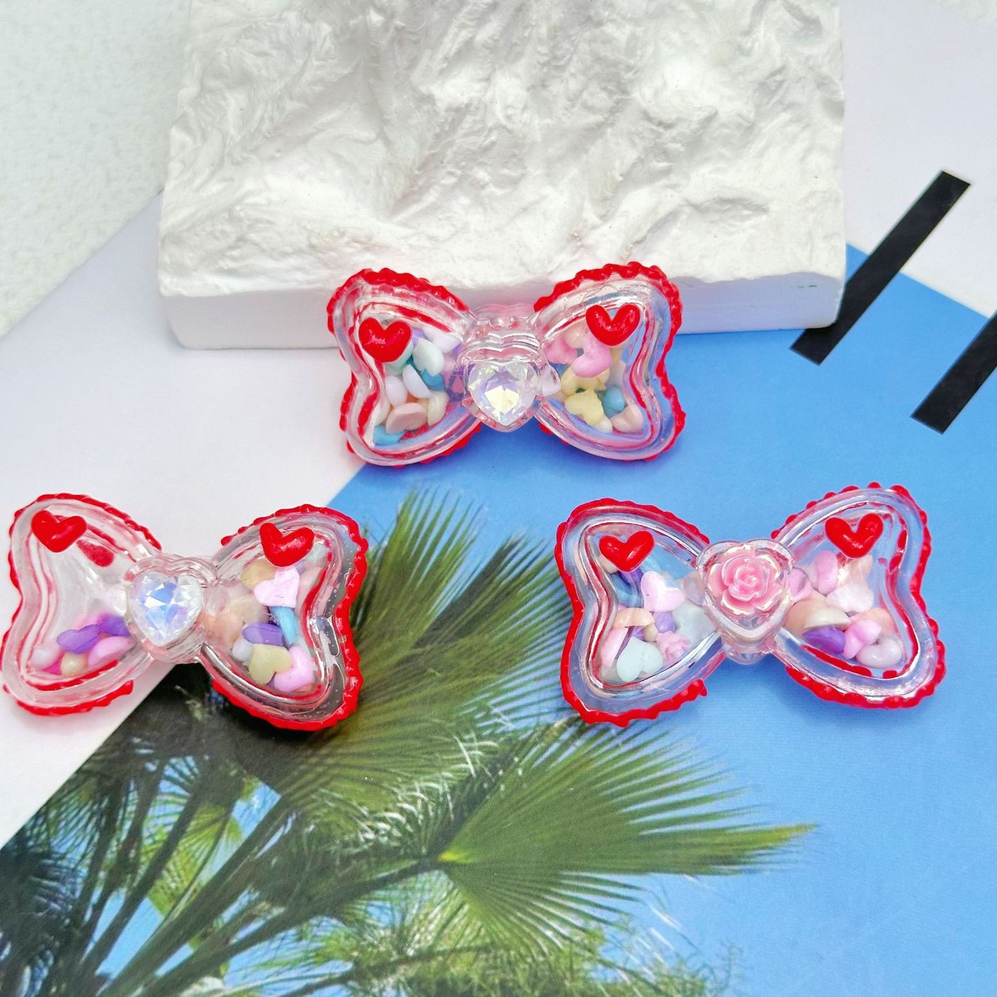 Hand Painted Bow Acrylic Beads 40mm Colorful Heart Design 5pcs 10