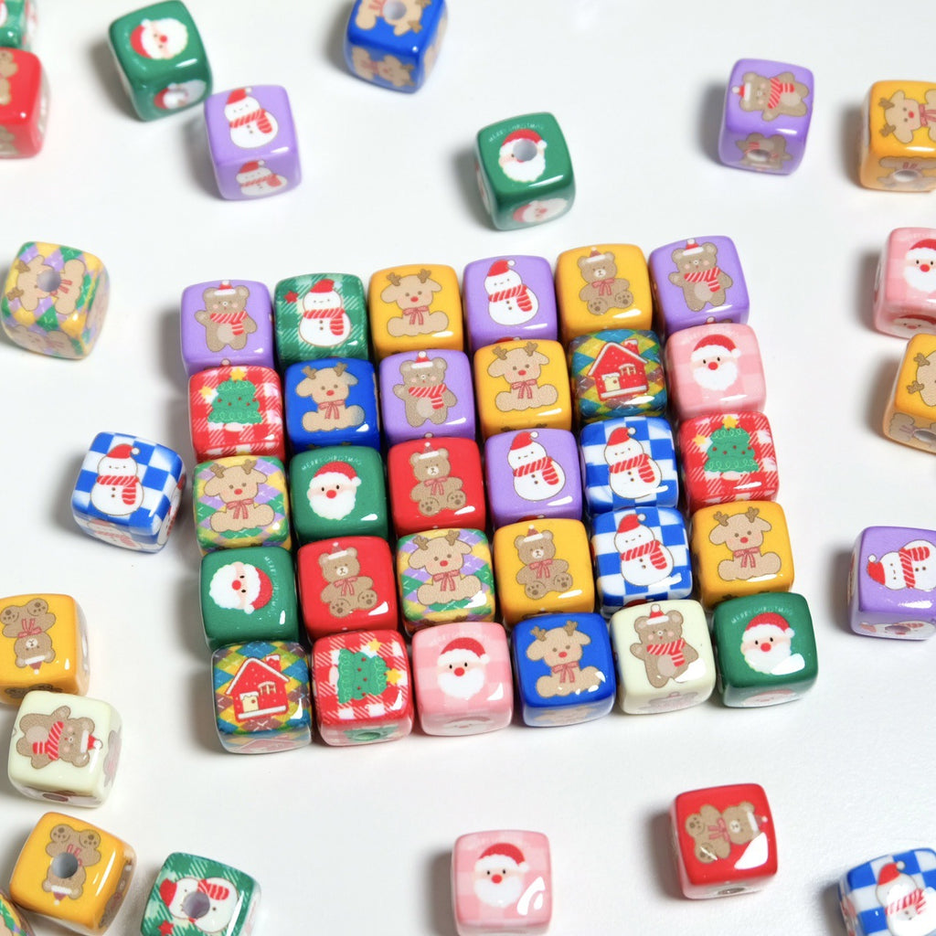 Christmas Square Acrylic Beads 14mm Colorful Printed 10pcs