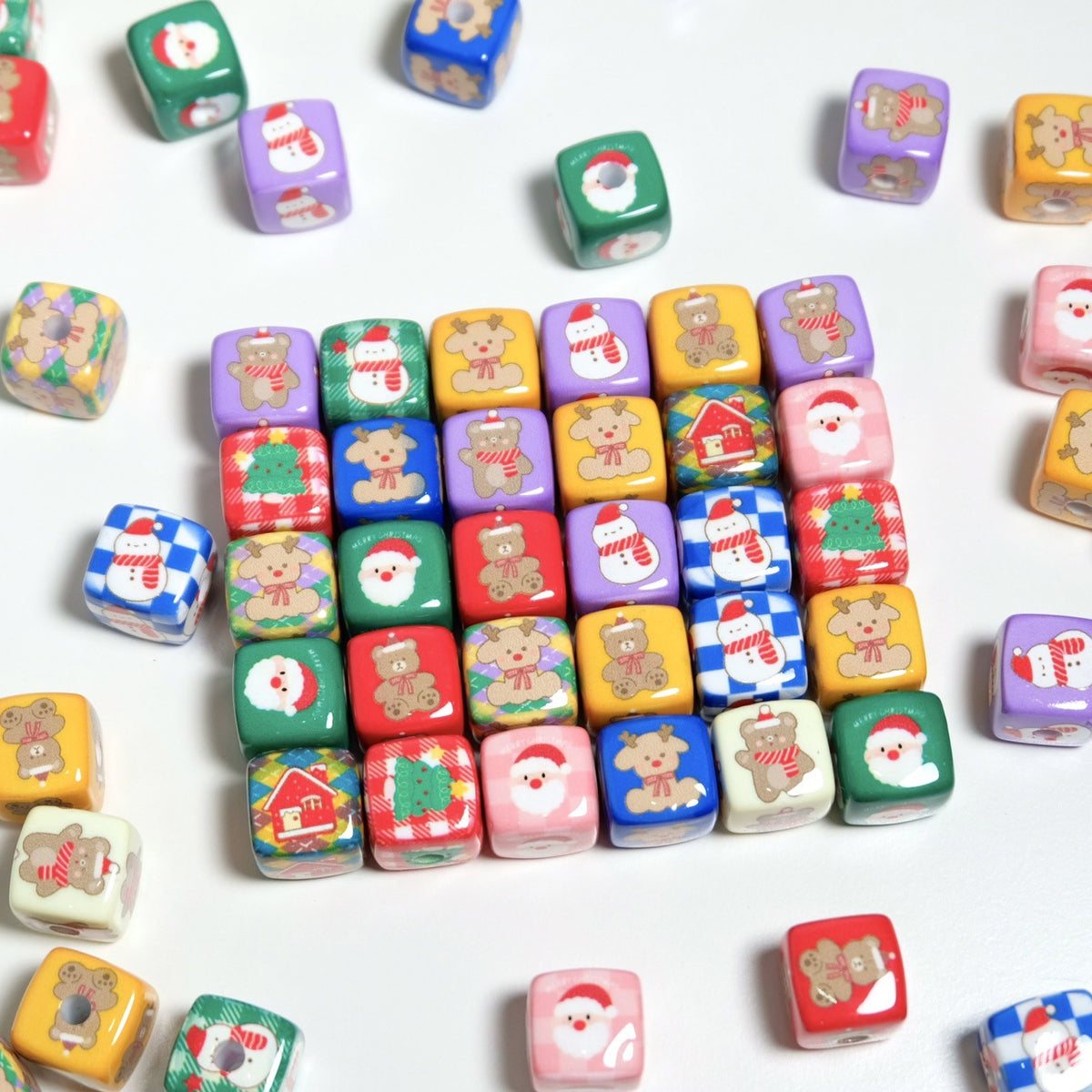 Christmas Square Acrylic Beads 14mm Colorful Printed 10pcs