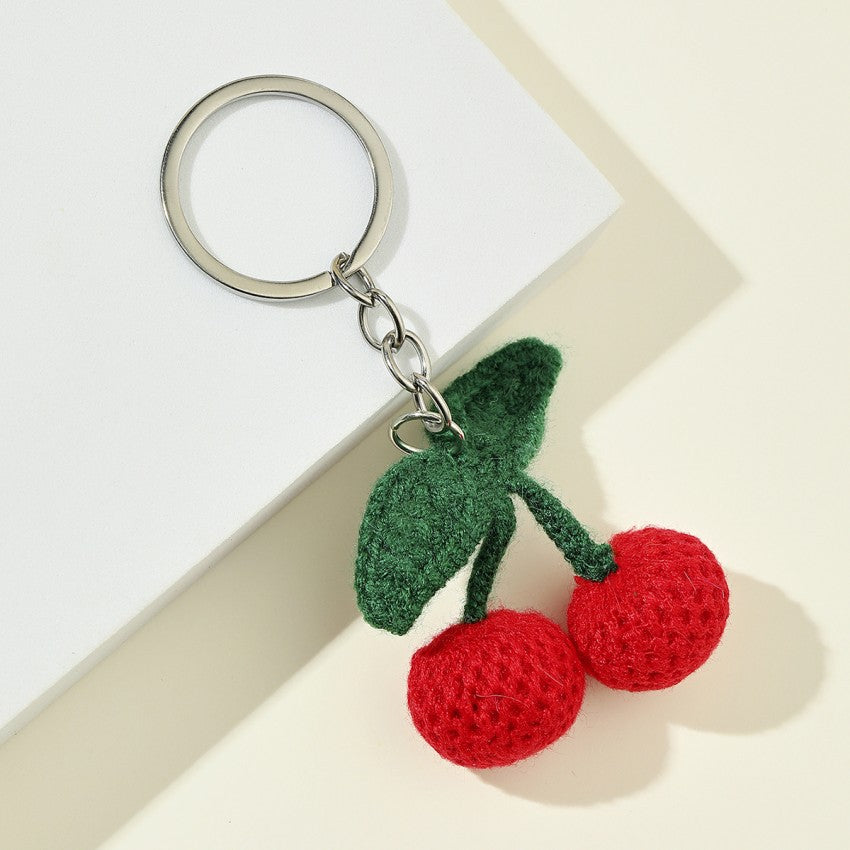 Knitted Cherry Crochet Keychain Plush Red Fruit Design 2