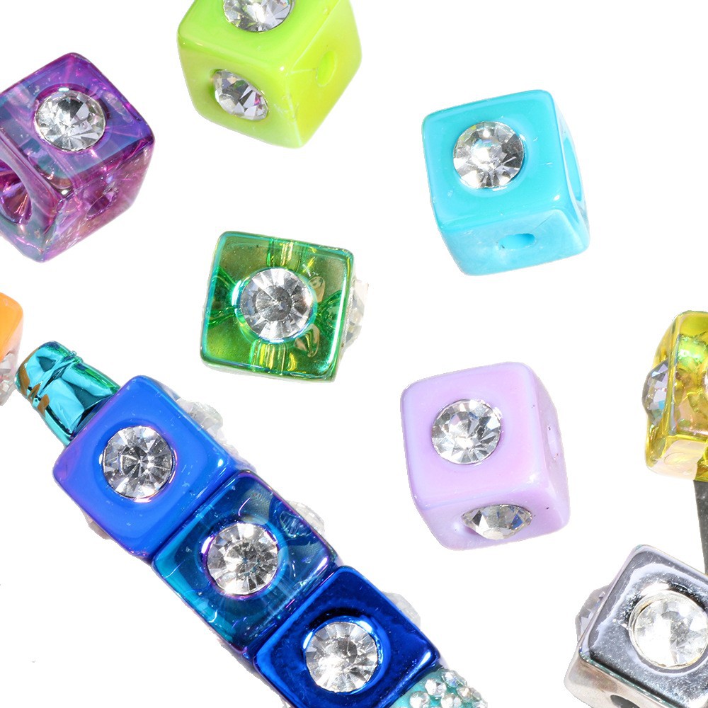 Rhinestone Inlaid Square Acrylic Beads 14mm Colorful Mixed 20pcs 5