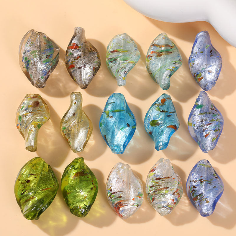 Lampwork Glass Beads Irregular Leaf 30mm Hand Painted Metallic 10pcs