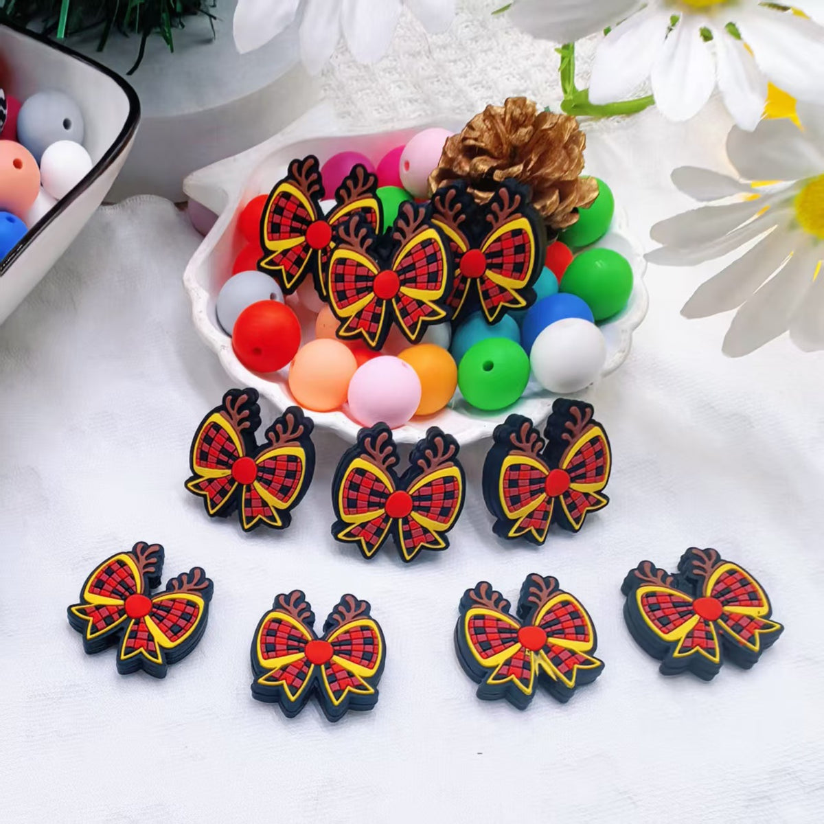 Silicone Focal Beads Christmas Deer Bow Plaid Pattern 20pcs