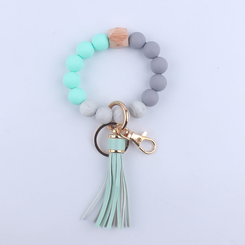 PU Leather Tassel Silicone Bead Wristlet Keychain Colorful Animal Print 12