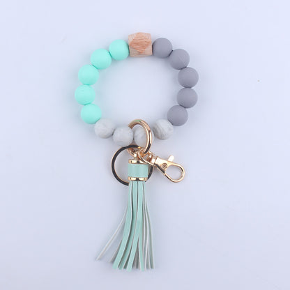 PU Leather Tassel Silicone Bead Wristlet Keychain Colorful Animal Print 12