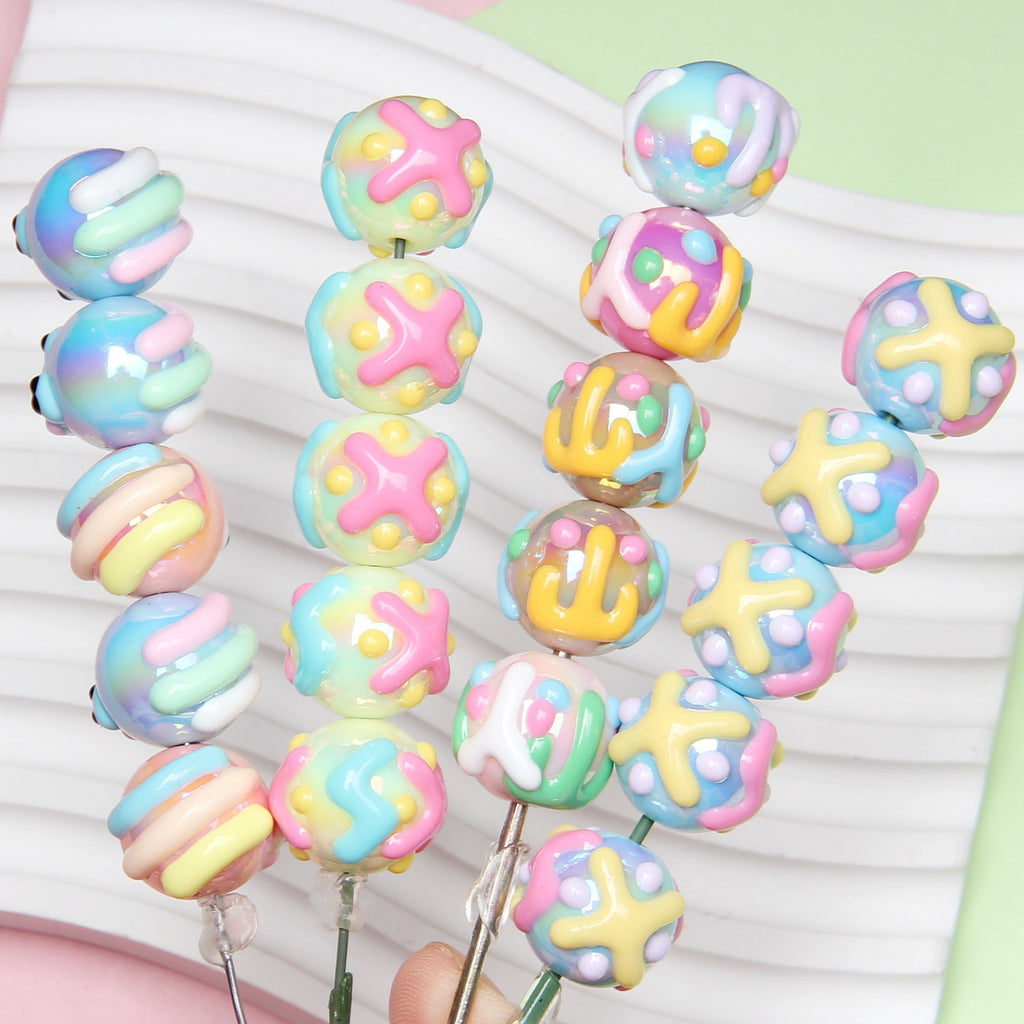 Painted Acrylic Beads 16mm Cream Colored Textured Pastel Doodles 10pcs