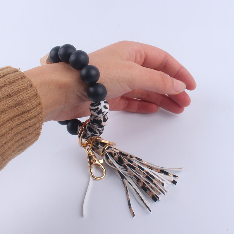 PU Leather Tassel Silicone Bead Wristlet Keychain Colorful Animal Print 3