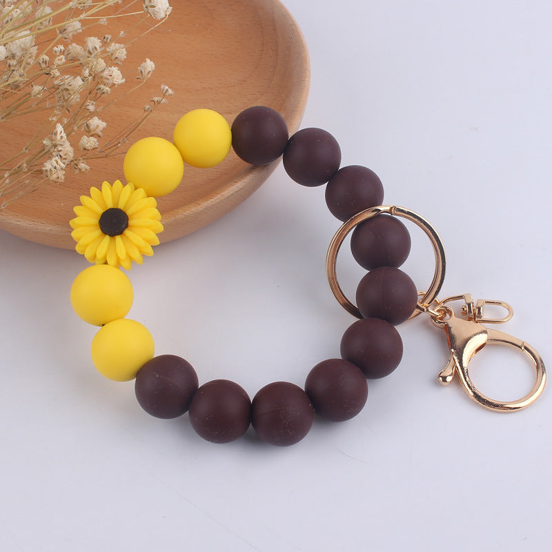 Silicone Beaded Daisy Rose Wristlet Keychain with Gold Clasp 10
