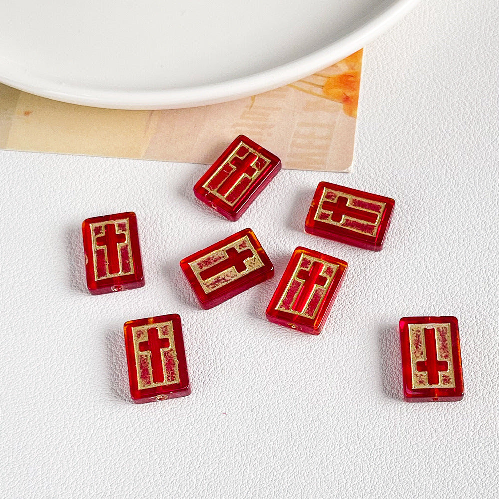 Vintage Cross Lampwork Glass Beads 17mm Gilded Rectangular 50pcs 7