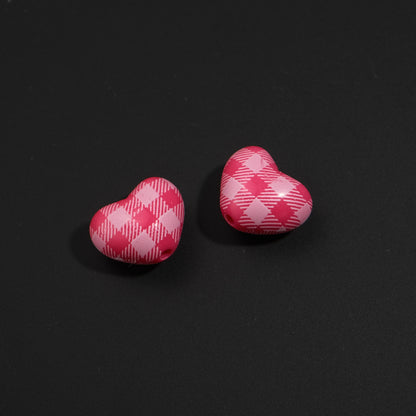 Plaid and Splashed Ink Pattern Heart Acrylic Beads 18mm 20pcs 11