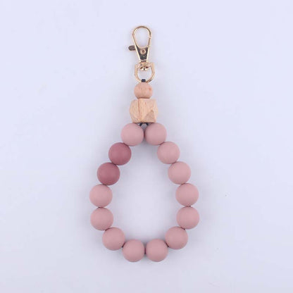 Wood Hexagon Silicone Bead Wristlet Keychain Natural Pastel Colors 10