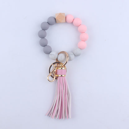 PU Leather Tassel Silicone Bead Wristlet Keychain Colorful Animal Print 9