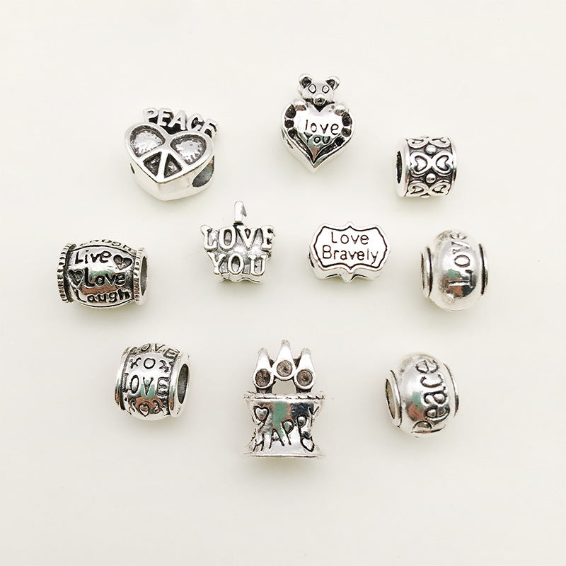 Heart Metal Beads Large Hole Antique Silver Tone 50pcs