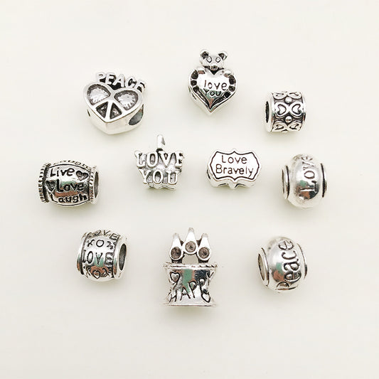 Heart Metal Beads Large Hole Antique Silver Tone 50pcs