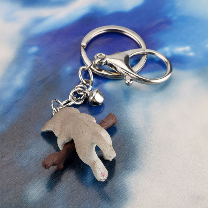 Resin Cat Keychain Cartoon Playful White Kitten with Branch Charm 3