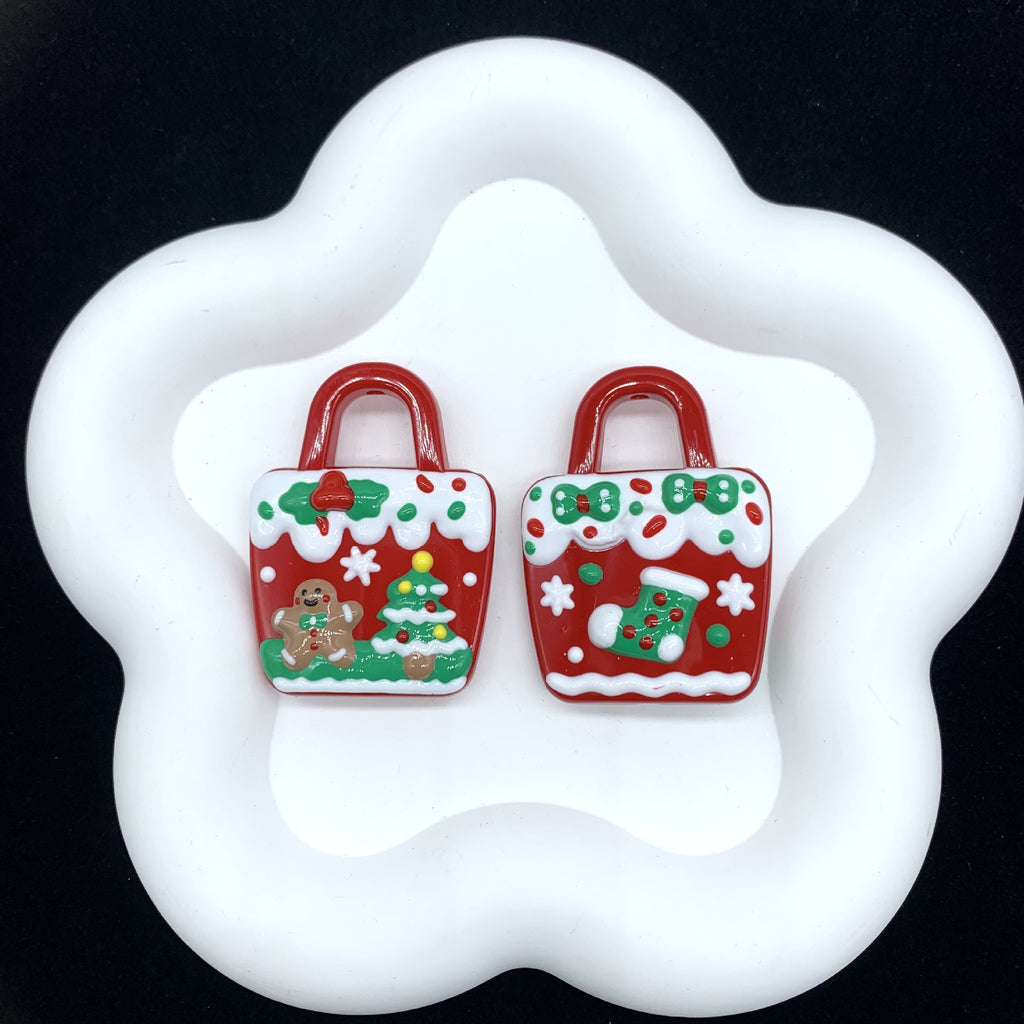 Hand Painted Christmas Bag Acrylic Beads 37x50mm Enamel Detail 2pcs