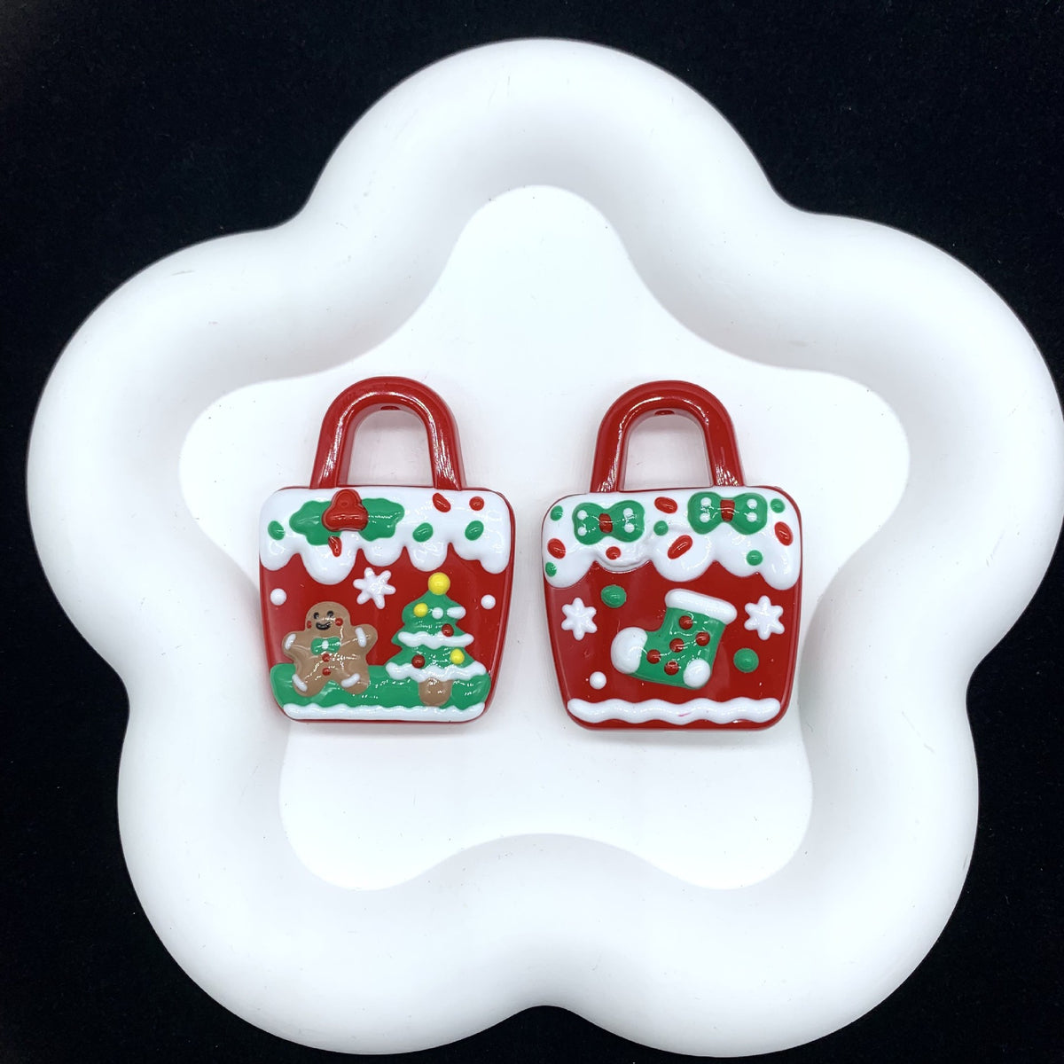 Hand Painted Christmas Bag Acrylic Beads 37x50mm Enamel Detail 2pcs