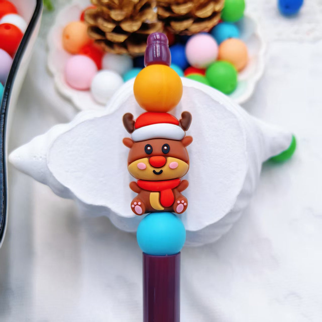 Silicone 3D Focal Beads Christmas Deer Doll Wearing Santa Hat 20pcs 6
