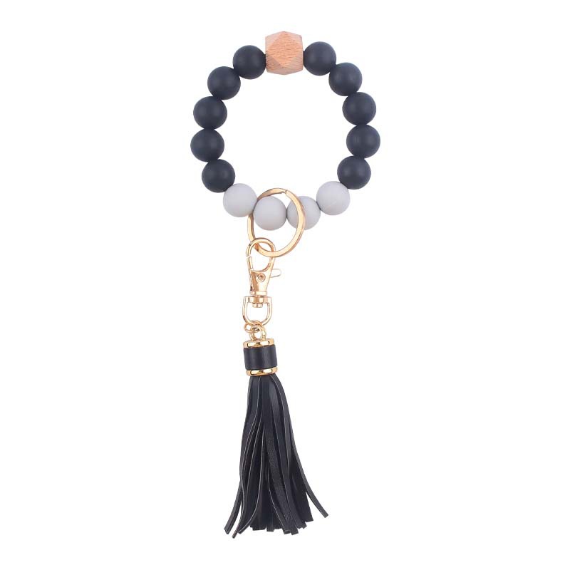 Silicone Beaded Wristlet Keychain with PU Tassel and Wood Accent 18