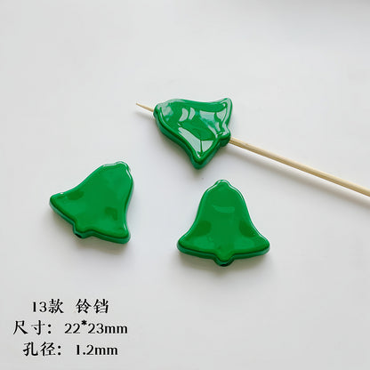 Hand Painted Christmas Acrylic Beads Glossy Green Bells Snowflakes 1pc 14