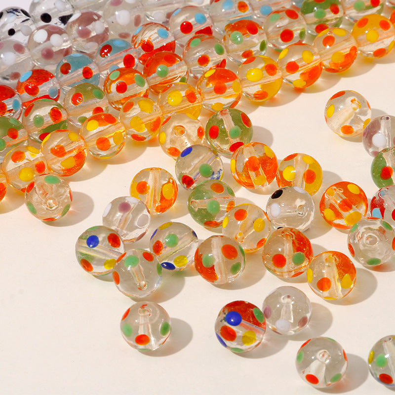 Lampwork Glass Beads Round 12mm Hand Painted Transparent Polka Dot 10pcs