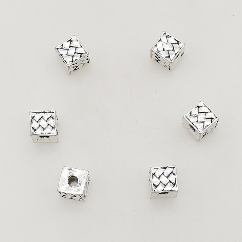 Square Metal Beads 7.5mm Woven Pattern Antique Silver Tone 1pc 3