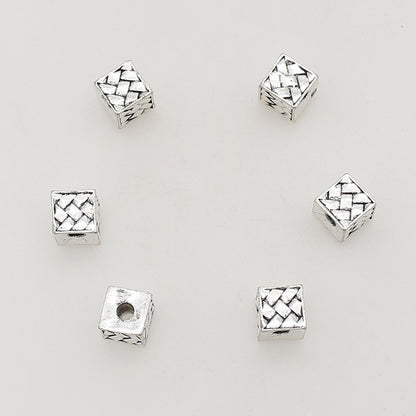 Square Metal Beads 7.5mm Woven Pattern Antique Silver Tone 1pc 3