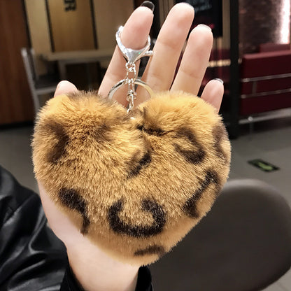 Plush Leopard Pom Pom Heart Keychain Soft Faux Fur 13cm 2pcs 16
