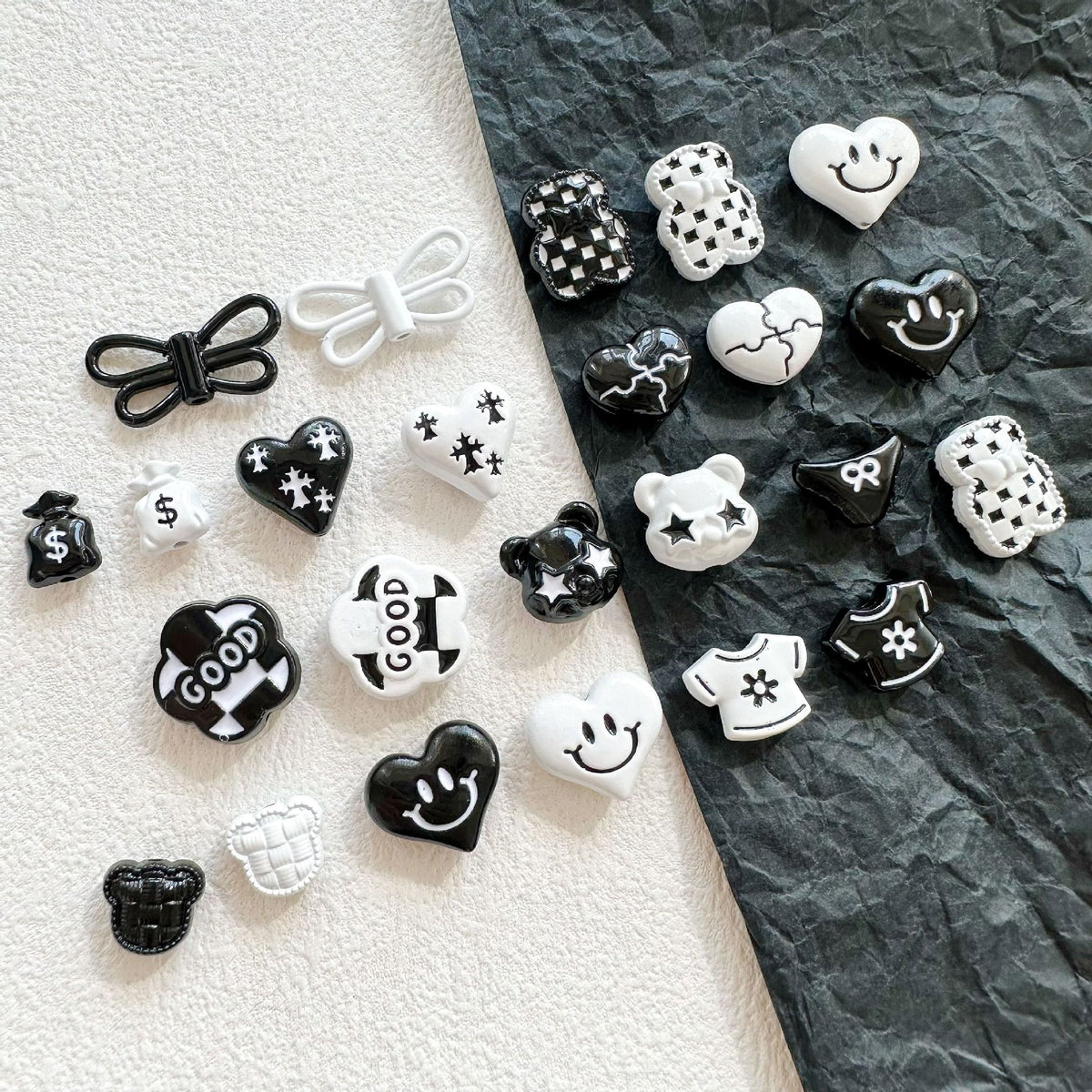 Baking Painted Black and White Metal Beads Quirky Shapes 10pcs 2