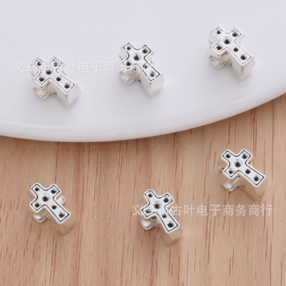 Cross Metal Beads 10mm Polka Dotted Large Hole Vintage Silver Tone 50pcs 4