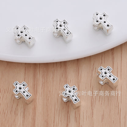 Cross Metal Beads 10mm Polka Dotted Large Hole Vintage Silver Tone 50pcs 4