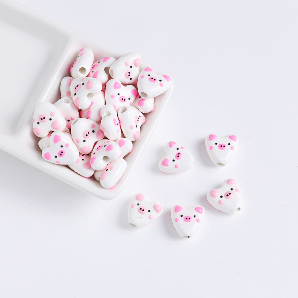 Hand Painted Animal Heart Ceramic Beads 15mm Colorful 5pcs 6